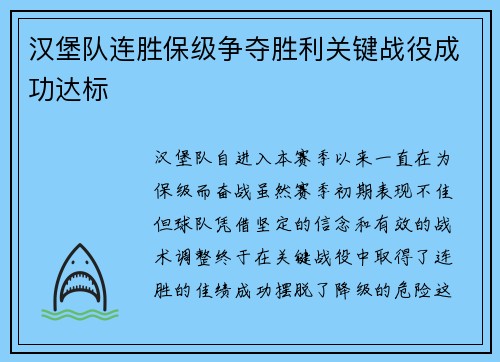 汉堡队连胜保级争夺胜利关键战役成功达标