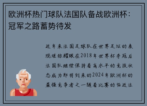 欧洲杯热门球队法国队备战欧洲杯：冠军之路蓄势待发