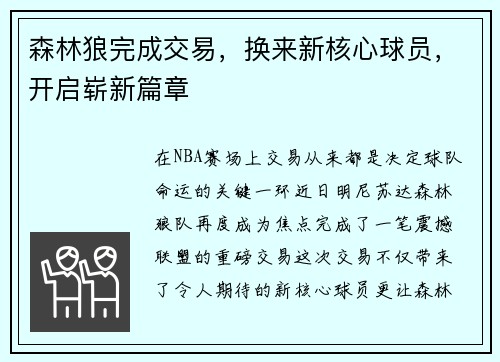 森林狼完成交易，换来新核心球员，开启崭新篇章