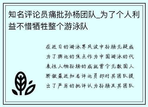 知名评论员痛批孙杨团队_为了个人利益不惜牺牲整个游泳队